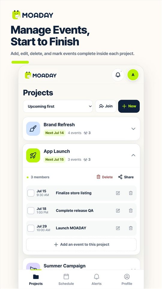 Multiple project dates shown in chronological order
