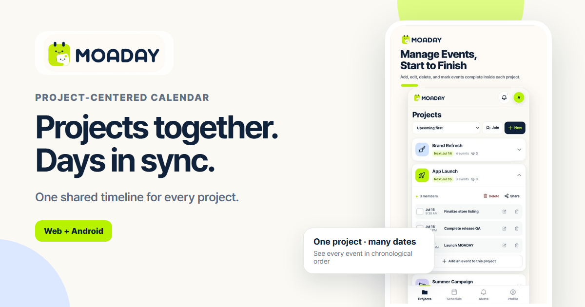 MOADAY projects organized as cards with multiple events