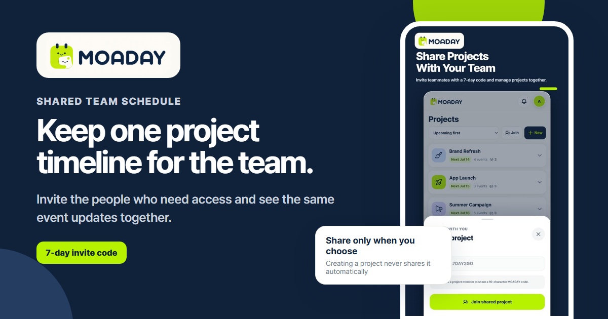 MOADAY shared team schedule with a private project invitation flow
